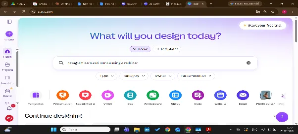 Canva home screen with an Instagram carousel prompt typed into the search bar