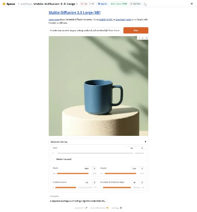 Stable Diffusion 3.5 Large demo on Hugging Face showing a generated matte blue ceramic mug on a beige pedestal, with Advanced Settings open: seed 42, 1024 by 1024 pixels, guidance 4.5 and 40 steps