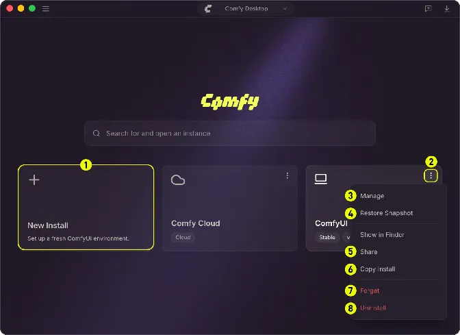 Comfy Desktop start screen with the New Install card highlighted next to Comfy Cloud and an existing ComfyUI instance menu