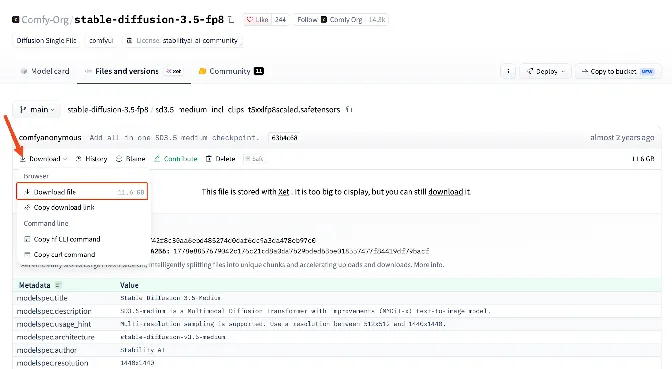 Hugging Face file page for the Stable Diffusion 3.5 Medium all-in-one safetensors file with the Download file menu open