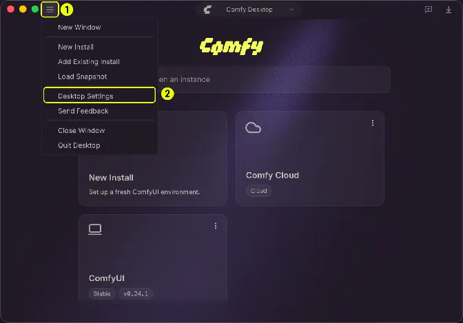 Comfy Desktop top-left menu open with Desktop Settings highlighted