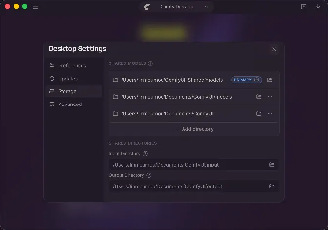 Comfy Desktop Storage settings listing the shared models folders with the Primary location and a folder icon beside it